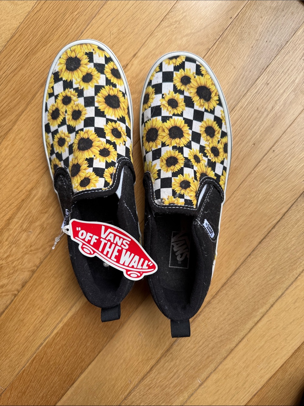 Vans Kids Slip-On Sneakers - Black & Yellow Sunflower Checkerboard
